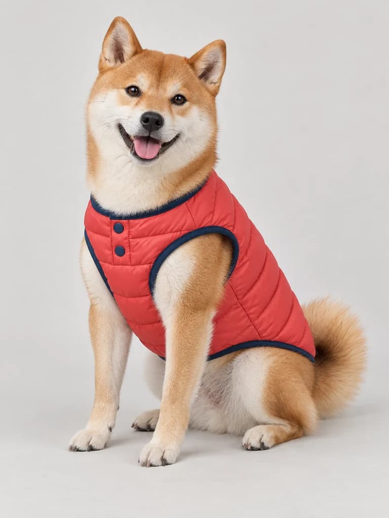 同じ柴犬がコーラルレッドのキルティングベストを着た姿