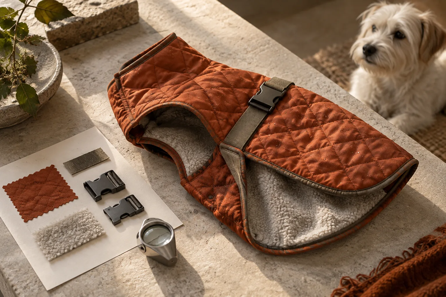 AI editorial illustration of a rust quilted pet coat, fabric and buckle samples, a magnifying loupe, and a cream terrier on pale stone.
