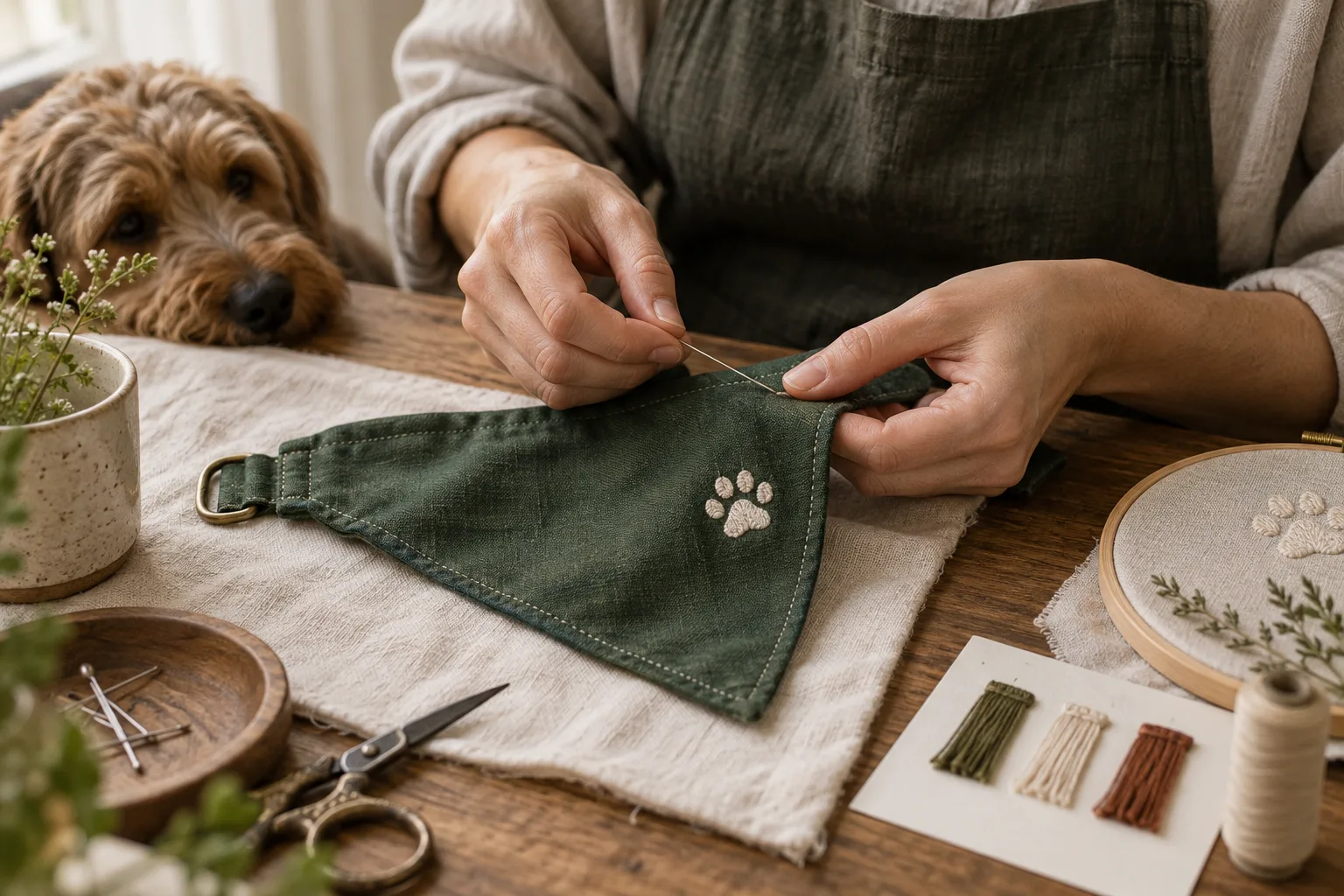 Editorial illustration of a forest-green dog bandana beside embroidery supplies and a blank approval card.