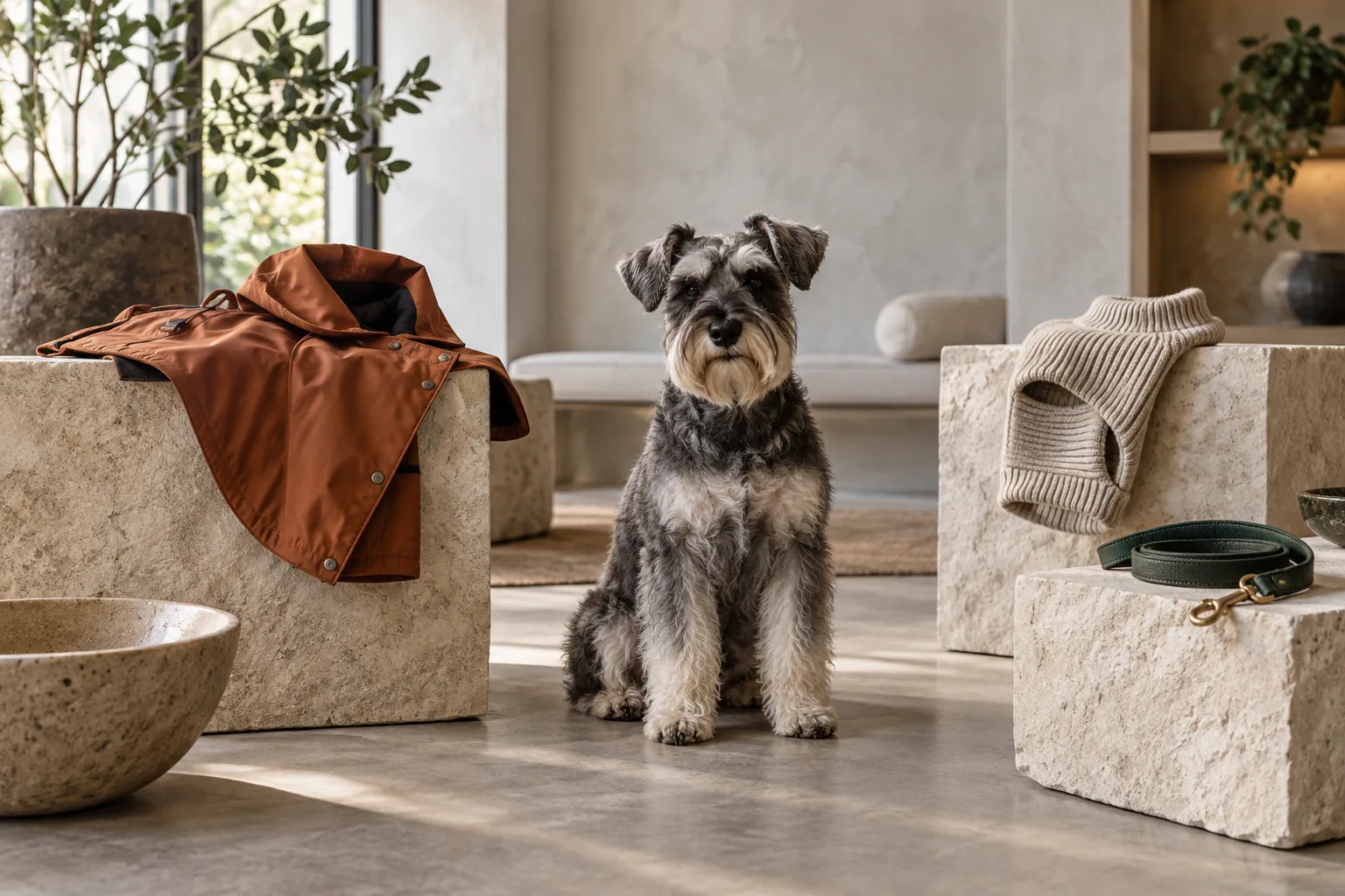 Editorial pet merchandise display with a dog, apparel, a leash, and a bowl arranged on pale stone plinths.