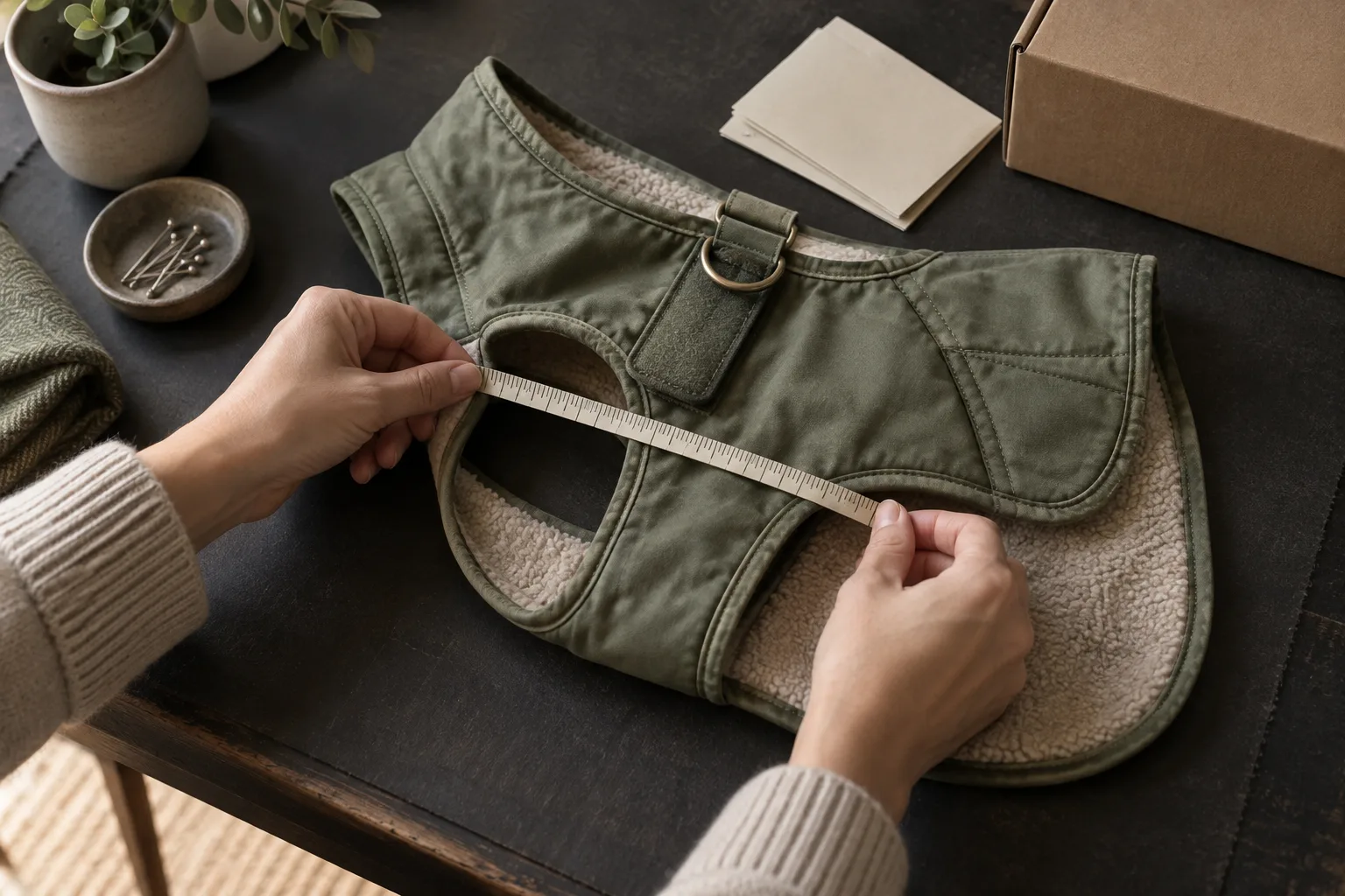 Editorial illustration of a sage dog coat being checked with a measuring tape beside a cream card and unbranded parcel.