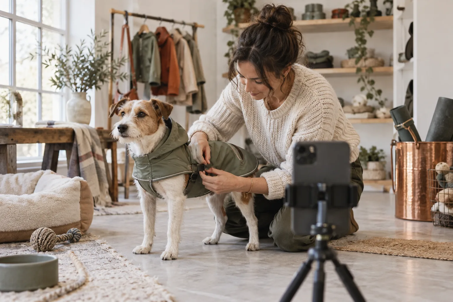 AI editorial illustration of an adult demonstrating a sage dog coat opening beside a smartphone camera.