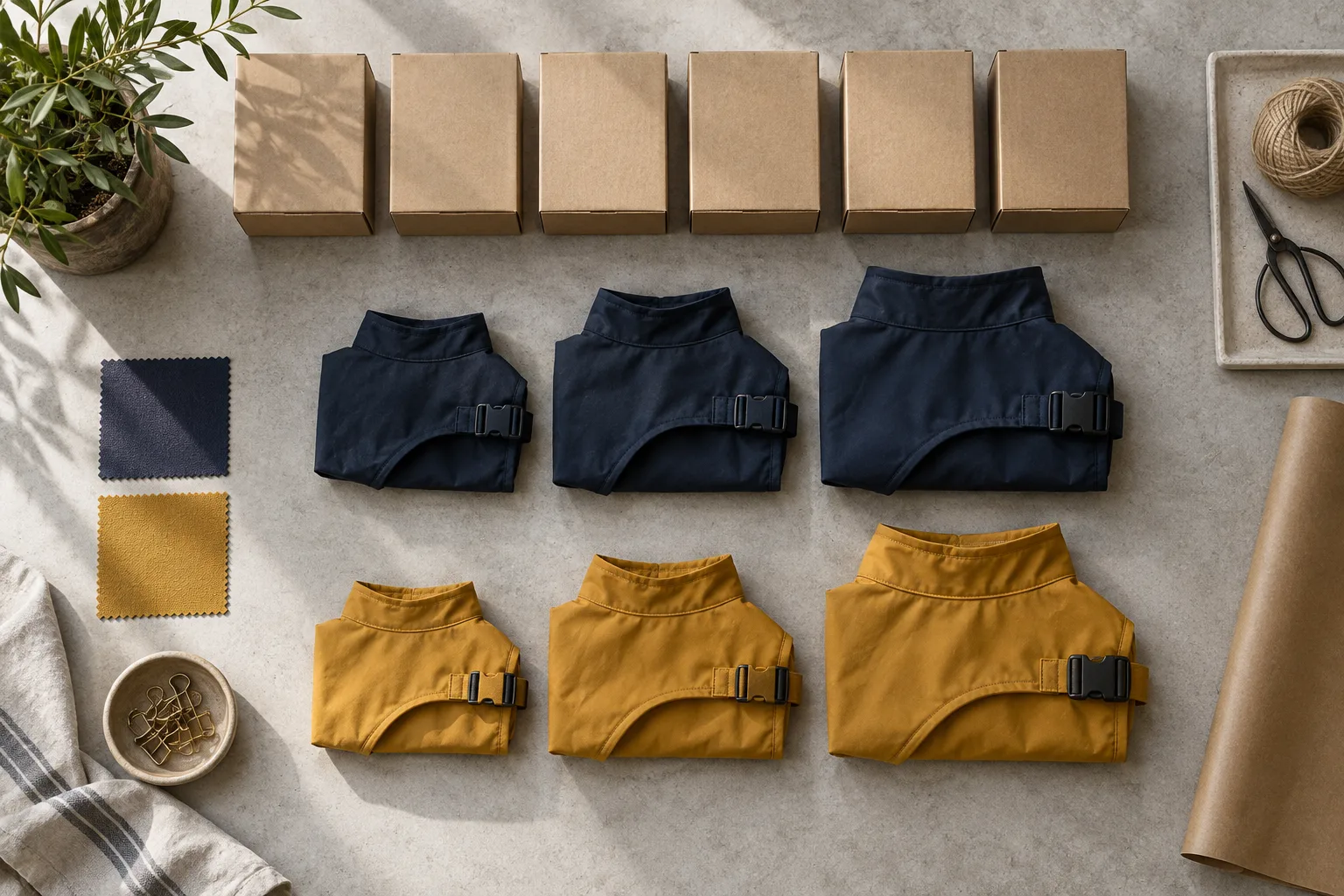 AI editorial illustration of navy and ochre pet raincoats arranged with neutral stock boxes to represent an organized variant family.