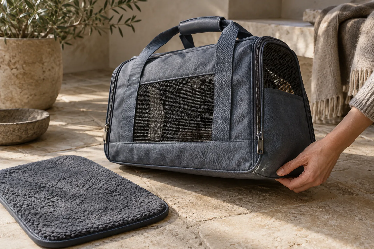 AI editorial illustration of a hand inspecting a small exterior scuff on a slate pet carrier; not a photograph of an actual item for sale.