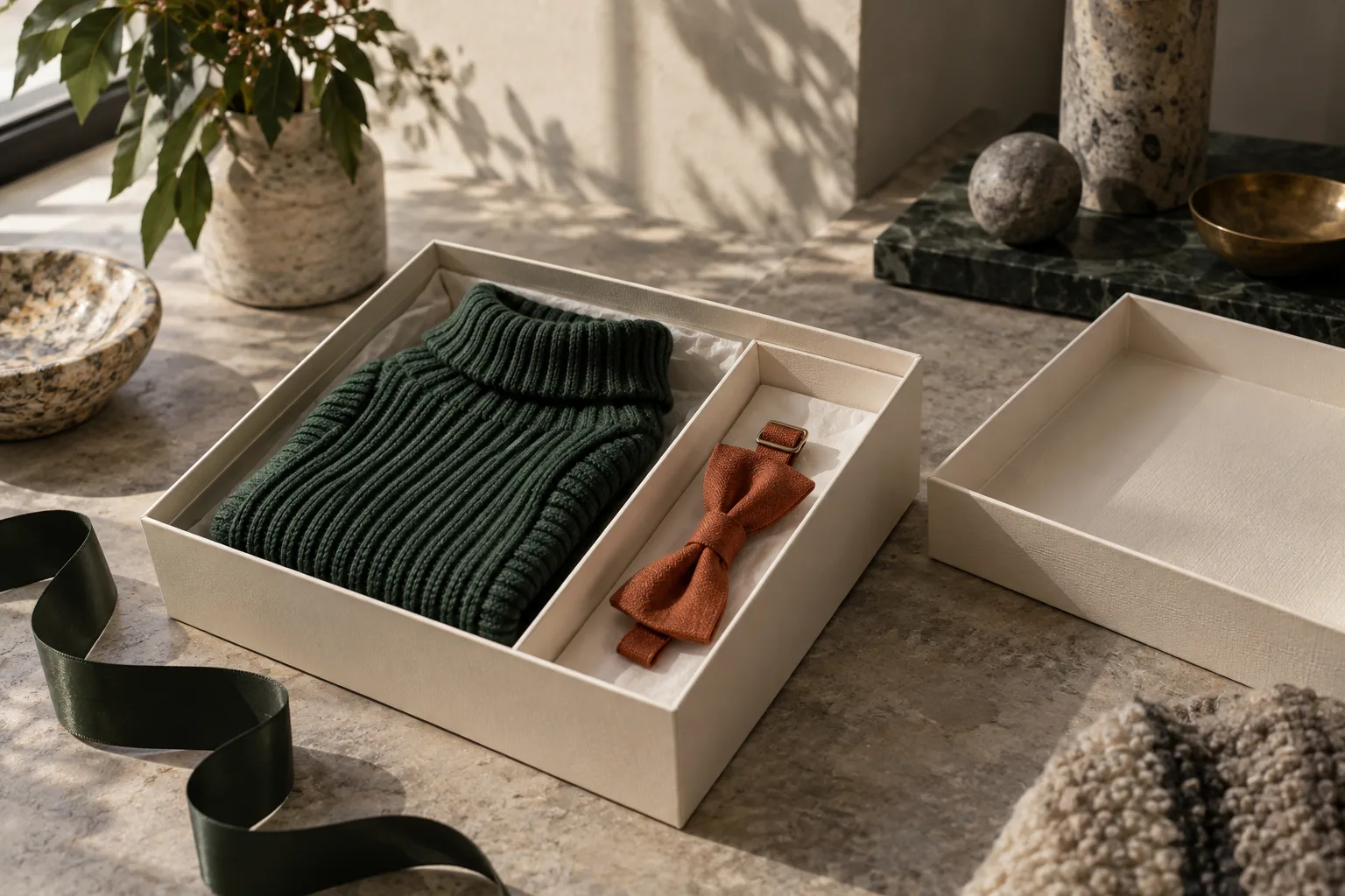 Illustrative green pet sweater and rust bow tie arranged in an ivory gift box beside an empty box.